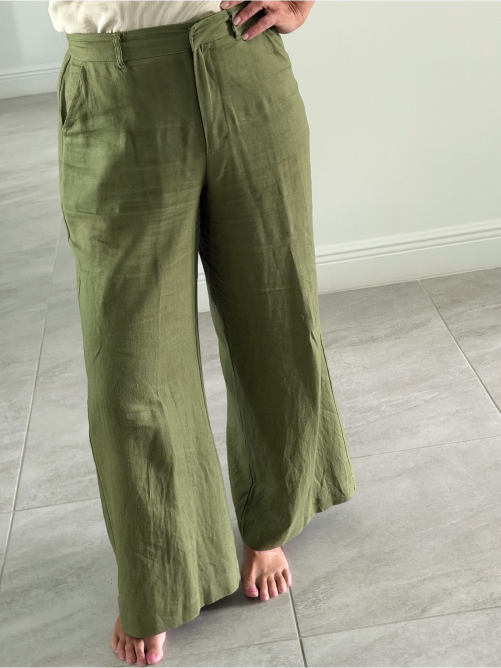 Olive Green Wide-Leg Linen-Blend Pants